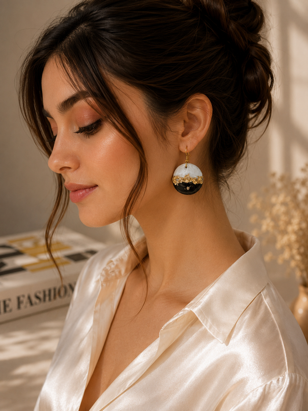 گوشواره پلیمری با روکش رزین سیاه و سفید